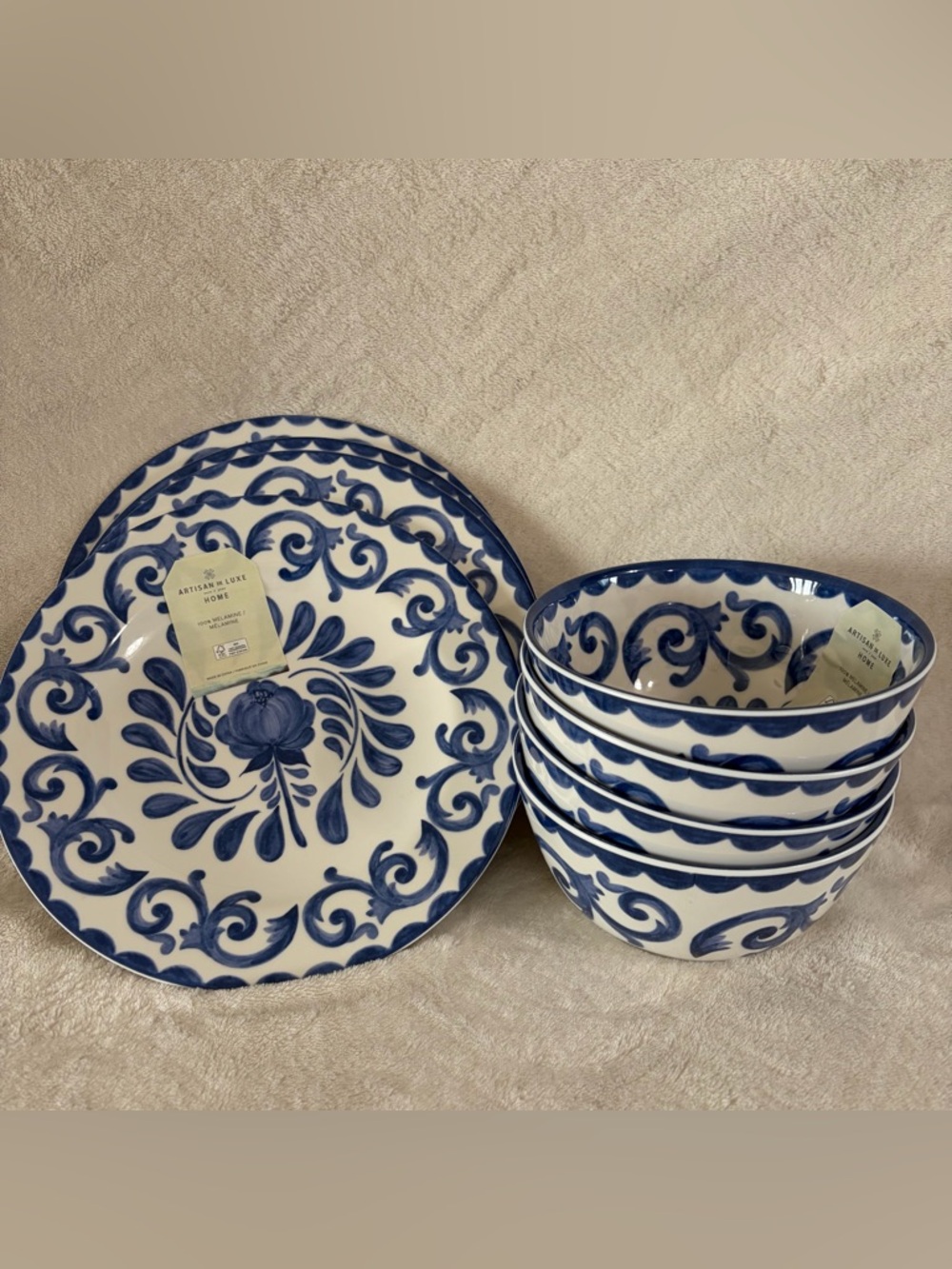 NWT Artisan de Luxe Home Blue Rose Scroll Melamine Salad Plates & Bowls Set of 8